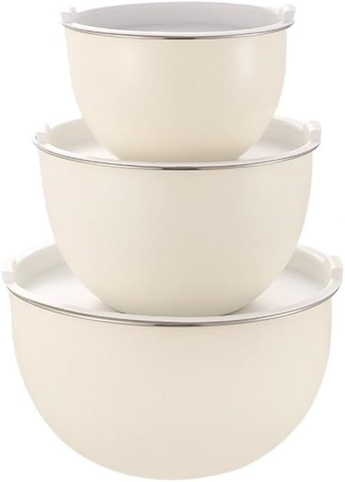 304 Stainless Steel Mixing Bowls with Lids, Nested Metal Bowl Set for Cooking Salad Dough Egg Whisking, Stackable Kitchen Prep Storage Containers(3 White Lid)