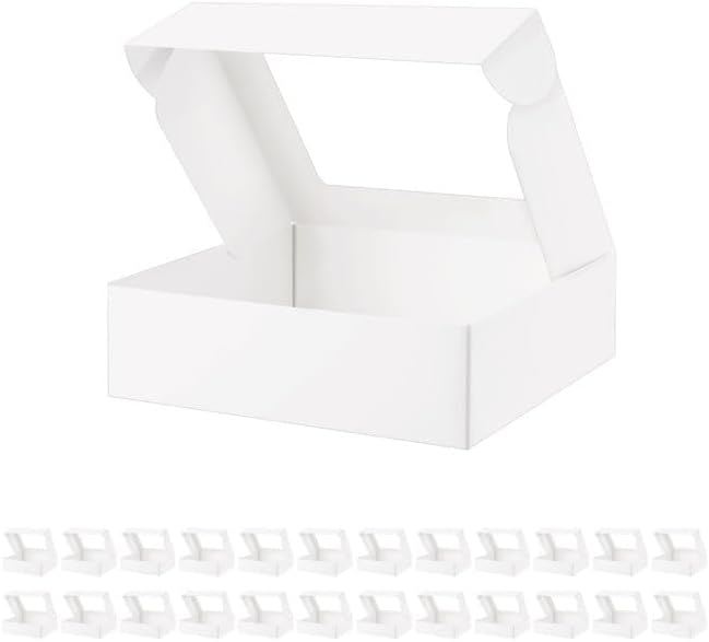 25 White Bakery Boxes with Window, 9x7x2.5 Inches Cake Boxes with Window, Treat Boxes for Small Bakery, Dessert, Candy, Cookies, Pastry, Party Favors, Wedding Cake