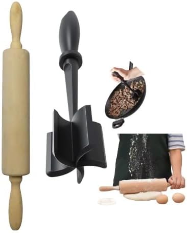 Classic Wooden Rolling Pin for Baking & Meat Masher Tenderizer Set – 2-in-1 Heat-Resistant and Safe for Non-Stick Cookware - 17-Inch Natural Beechwood Dough Roller with Easy-Grip Handle.