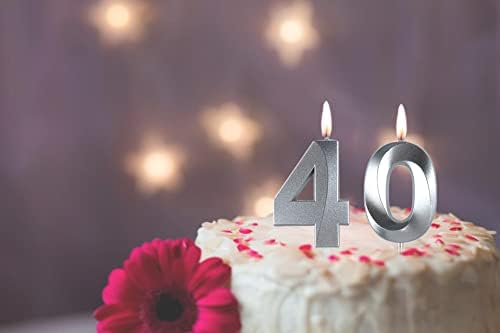 Silver 40th Birthday Candles, Number 40 Cake Topper for Birthday Decorations Party Decoration