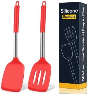 2 Pack Silicone Spatula Set, Solid & Slotted Turner for Non-Stick Pans, High Heat Resistant Silicone Spatula for Cooking, BPA-Free Stainless Steel Cooking Utensils for Fish, Eggs, Pancakes, Red
