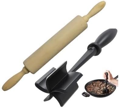 Classic Wooden Rolling Pin for Baking & Meat Masher Tenderizer Set – 2-in-1 Heat-Resistant and Safe for Non-Stick Cookware - 17-Inch Natural Beechwood Dough Roller with Easy-Grip Handle.