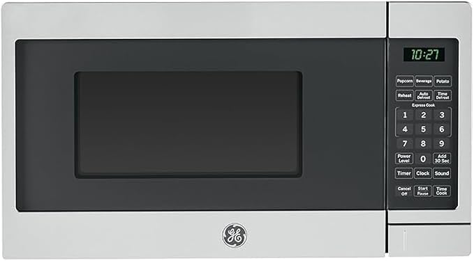 GE GCST07N1WSS Countertop Microwave Oven 700-watt Compact 0.7 Cu Ft Stainless Steel Bundle with 2 YR CPS Enhanced Protection Pack and Deco Chef Pair of Red Heat Resistant Oven Mitt