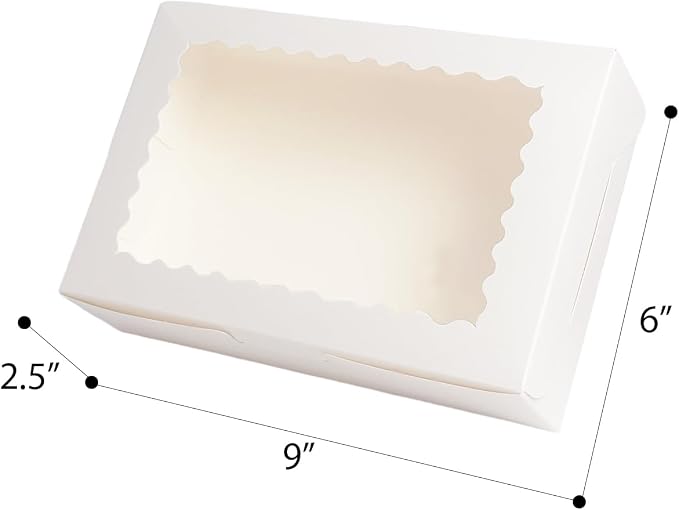 qiqee 50Pcs White Cookie Box with Window 9x6x2.5 Inch Pastry Macaron Bakery Box For Packaging