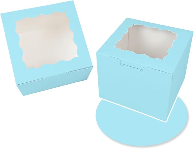 Bakepacker 36pcs 6x6x5 Inches Cake Boxes with Window 18-Packs Light Blue 6 Inch Bakery Boxes (18 Cake Boxes +18 Cake Boards Included)