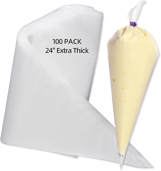 24 Inch Disposable Large Piping Bags,100 PACK Extra Large Thick Pastry Bags with 6 Bag Ties, Thickened Icing Bags,Cake Decorating Bags,Frosting Bags for Cake Decorating Cream Frosting