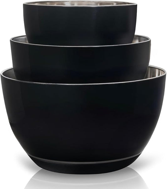 WHYSKO Stainless Steel Mixing Bowls Set of 3 with Non-Slip Silicone Base, Nesting Metal Bowls for Meal Prep, Baking, Cooking & Food Storage, Dishwasher Safe Kitchen Mixing Bowls, Black