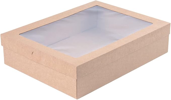 Restaurantware Cater Tek 14.3 x 10 x 3.2 Inch Catering Boxes 10 Insert Tab Lock Baked Goods Boxes - Window Lids Easy Assembly Kraft Paper Window Pastry Boxes For Charcuterie Or Cupcakes