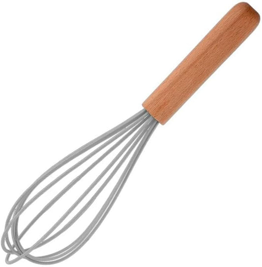 10 "Silicone Whisk with Wood Handle, suitable for mixing, stirring, stirring, cooking, baking, suitable for pancake batter, eggs, cake powder, mixing, gravy, and sauce (grey)