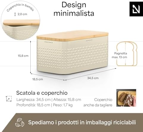 LARS NYSØM Bread Box I Metal bread box for long lasting freshness with non-slip pads I Baked goods Bin with bamboo lid usable as cutting board I 13.6x7.3x6.2in (Almond Beige)