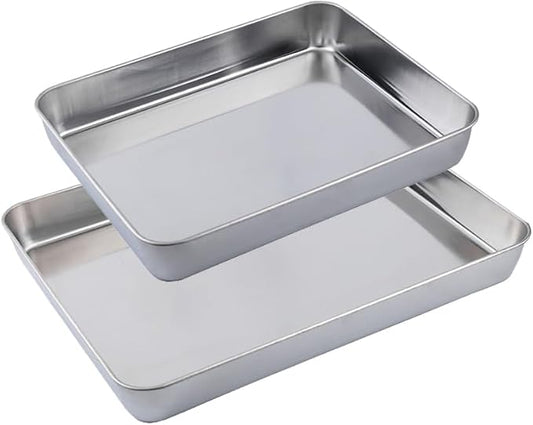 2-Pack Stainless Steel 2" Deep Baking & Roasting Pan Set (12/16 Inch) - Uncoated Non-Toxic Heavy Duty Sheet Pan for Lasagna, Brownies, Bread, Deep Dish Pizza - No Warping, Dishwasher Safe