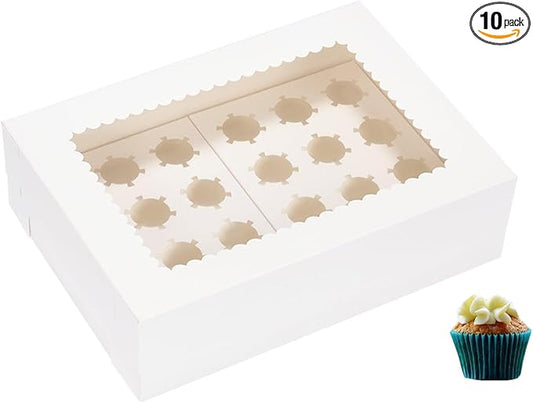 JJO Mini Cupcake Box 10 Pack,Holds 24 Mini Cupcakes,Cupcake Holder, 14x10x4 Inch White Bakery Boxes with Window for Birthday Holiday Party Bakery