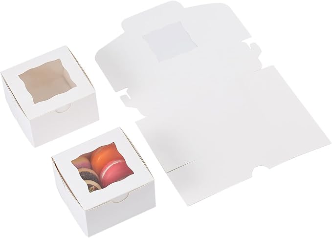 100Pcs Paper Cookie Boxes With Window Small Bakery Boxes 4x4x2.5 Inches Mini Cake Boxes For Pastries,Cupcakes,Desserts,Donuts,Chocolate Strawberries,Candy,Treat Boxes(4 * 4 * 2.5,White)