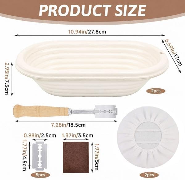 2 Pack Bread Proofing Baskets, 11" Oval Banneton Proofing Basket with Breathable Linen Liners and Bread Lame, Reusable Loaf Banneton Basket for Professional & Home Sourdough Bread Baking