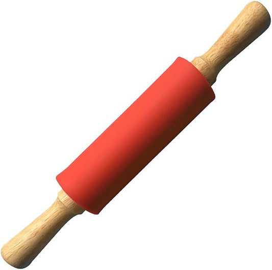 1 Piece Small Silicone Rolling Pin Nonstick Silicone Roller Pin Wooden Handle Pizza Roller Tortilla Dough Roller for Baking Home Kitchen Cake Bread Cookie Dumpling, 9 Inch, Red
