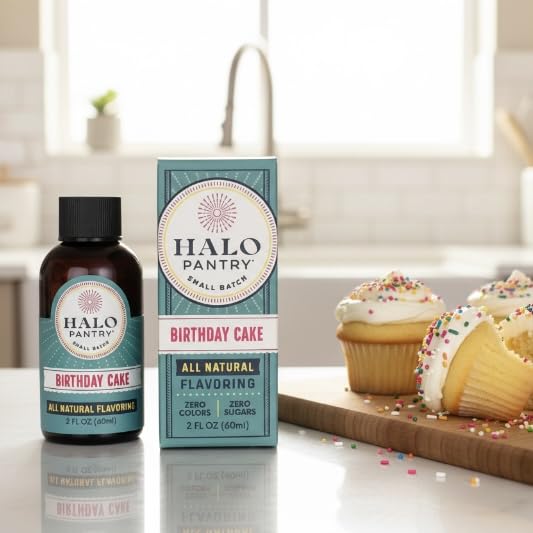 Natural BIRTHDAY CAKE Batter Flavoring Extract by HALO PANTRY (2oz bottle) | Water-Soluble, Dye-Free/Colorless, Gluten-Free, Dairy Free, Zero Sugars, NO Sweeteners, NO Calories | Perfect for customizing ANY baking, candy, dessert or drink recipes