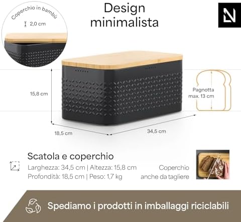 LARS NYSØM Bread Box I Metal bread box for long lasting freshness with non-slip pads I Baked goods Bin with bamboo lid usable as cutting board I 13.6x7.3x6.2in (Carbon Black)