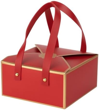 Hammont Gift Boxes - 4 Pack of Gift Boxes with Faux Leather Handles - Cookie Boxes - Versatile Gift Boxes for Presents - Elegant Box for Cakes Candy | Jewelry | Chocolates (6"x6"x3" (Red))