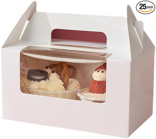 25Pcs Cupcake Containers -2 Holders Individual Cupcake Boxes with Clear Window Inserts and Handle Cupcake Muffins Cupcake Carriers for Birthday Party Wedding Cookies Pastries (White)