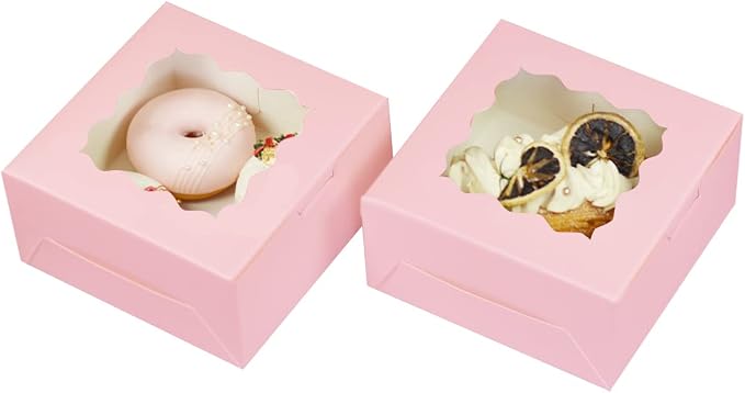 Bakepacker 60pcs Pink Cookie Boxes 6x6x3 inches Easy Assemble Macaroon Pastry Boxes Bakery Boxes with Window for Bakery