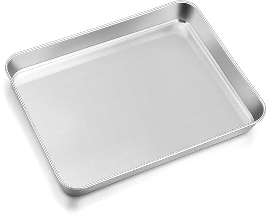 Leonyo 9x7IN Stainless Steel Baking Sheets Set, Stainless Steel Small Sheet Pan for Baking Cookie, Commercial Grade Metal Toaster Oven Tray for Oven, Non Toxic & Dishwasher Safe