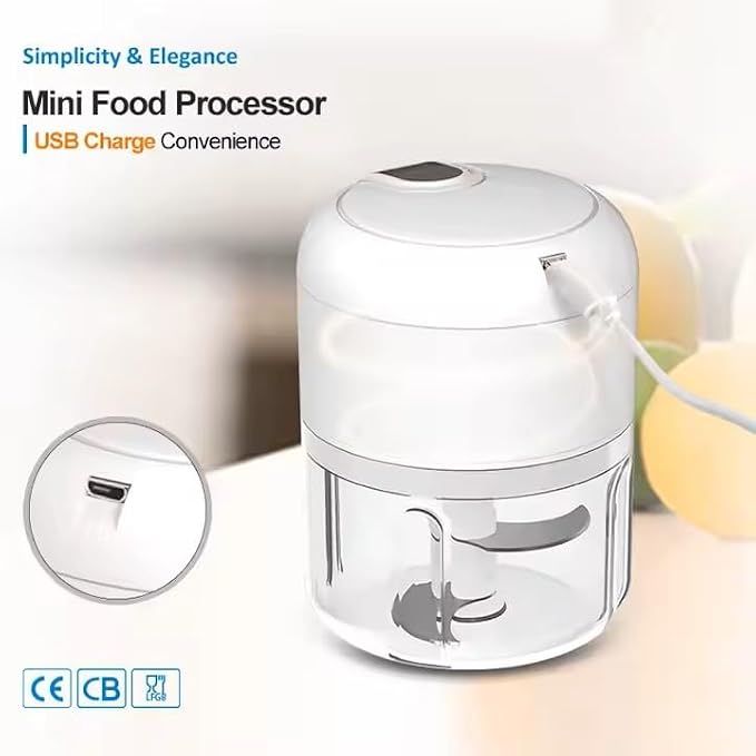 Mini Electric Food Processor, USB Rechargeable, Multi-functional Garlic Chopper with Accessories, White
