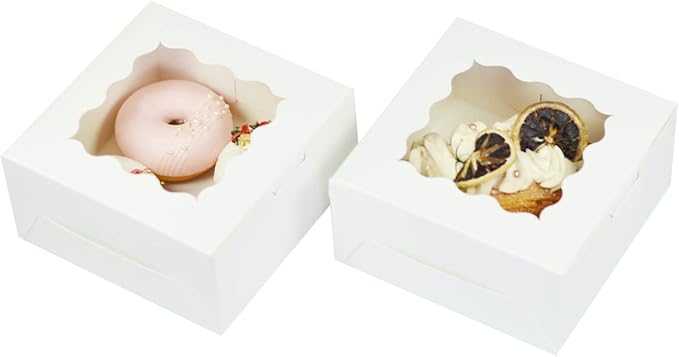 Bakepacker 60pcs White Bakery Boxes with Window 6x6x3 inches Thick & Sturdy Macaroon Pastry Boxes Cookie Boxes for Bakery