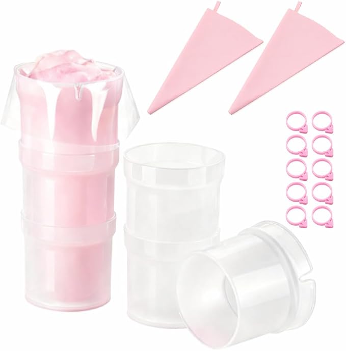 2 Pack Piping Bag Holder Stand Kit, 2 Clear Detachable Holders with Reusable Silicone Icing Bags and 10 Pink Clips, Hands-Free Frosting Filling Tool for Cake, Cupcake, Cookie Decorating