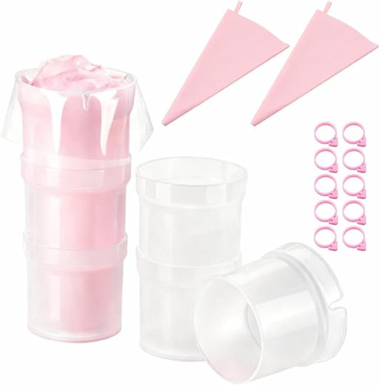 2 Pack Piping Bag Holder Stand Kit, 2 Clear Detachable Holders with Reusable Silicone Icing Bags and 10 Pink Clips, Hands-Free Frosting Filling Tool for Cake, Cupcake, Cookie Decorating