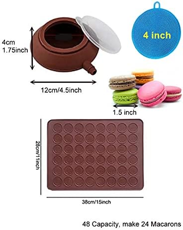 Food Grade Silicone Brown color Macaron Baking Kit Tray Set w. Piping Pot 4 types of nozzles & 1 Cleaning Scrubbing pad non stick reusable Macaroon Baking Supplies