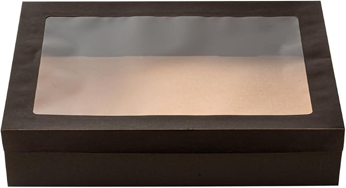 Restaurantware Cater Tek 14.3 x 10 x 3.2 Inch Baked Goods Boxes 100 Greaseproof Pastry Boxes - Window Lids Insert Tab Lock Black Paper Catering Boxes Easy Assembly For Charcuterie Or Cupcakes