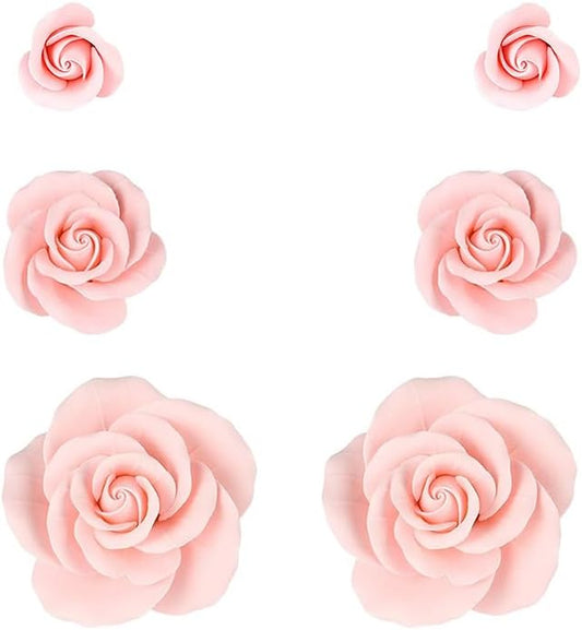O'Creme Garden Roses Gumpaste Flower Set - Pink Edible Flowers for Cake Decorating - Sugar Flowers for Cakes, Candy, Cupcakes - Birthday, Wedding, Valentines, 3 Different Sizes, 2 of Each