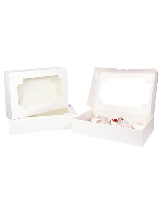 Auto-pop up White Cookie Box with Window 12x8x2.5 inch 32 Packs Two Uses One Second Folding Pastry Biscuit Bakery Box for Packaging