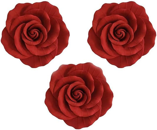 O'Creme Red Garden Roses Gumpaste Flower Set - 3" Edible Flowers for Cake Decorating - Sugar Paste Decorations for Cakes, Cupcake Toppers - Wedding, Valentine's Day, Baby Shower - Set of 3