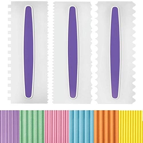 Decorating Comb and Icing Smoother Set of 3 Pack Decorating Mousse Butter Cream Cake Edge Tools, Plastic Sawtooth Cake Scraper Polisher 6 Design Textures-White/Purple