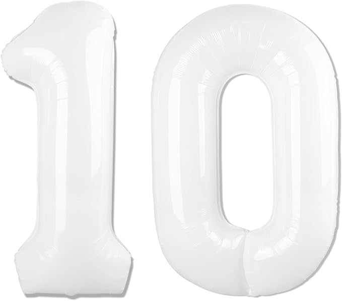 White Number 10 Balloon 40 inch, 10 Number Balloons, 10th White Birthday Decorations for Girls Boys, 10 Year Old Party Supplies