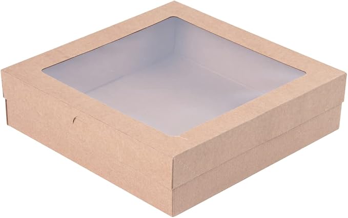 Restaurantware Cater Tek 9 x 9 x 2.4 Inch Catering Boxes 100 Insert Tab Lock Baked Goods Boxes - Window Lids Easy Assembly Kraft Paper Window Pastry Boxes For Charcuterie Or Cupcakes