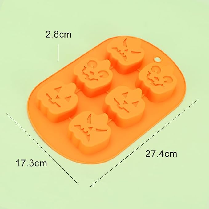 6 Cavities Silicone Cookies Biscuit Mold, Christmas Halloween Candy Mold, Reusable DIY Baking Mold Jelly Chocolate Mold, Ice Cube Tray Wax Melt Molds(Set of 2 Orange Pumpkin)