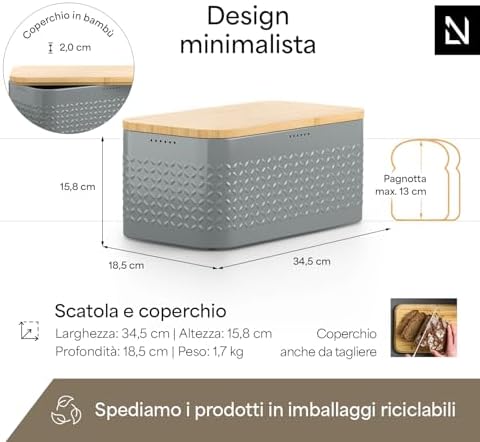LARS NYSØM Bread Box I Metal bread box for long lasting freshness with non-slip pads I Baked goods Bin with bamboo lid usable as cutting board I 13.6x7.3x6.2in (Ash Gray)