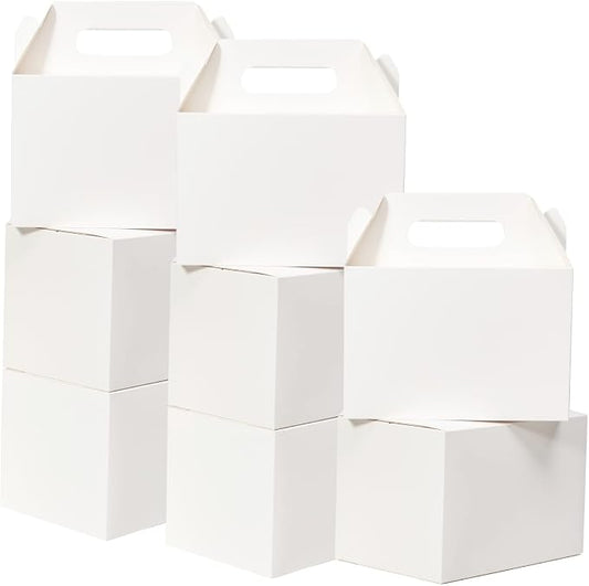 Shallive 50 Pcs Large Treat Boxes 9x6x6 Inch White Gable Gift Boxes with Handle Lunch Boxes Recycled Paper Bags Take Out Cookie Boxes Welcome Boxes Candy Bags For Wedding Birthday Party Supplies