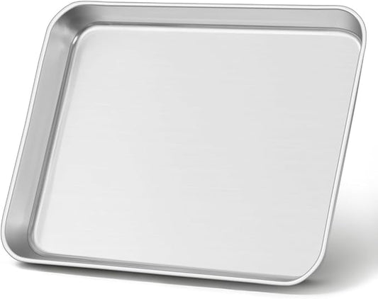 Leonyo 10x8IN Stainless Steel Baking Sheets Set, Stainless Steel Small Sheet Pan for Baking Cookie, Commercial Grade Metal Toaster Oven Tray for Oven, Non Toxic & Dishwasher Safe