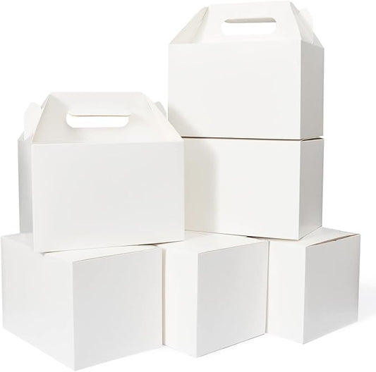 Happyhiram 50 Ct Large Party Gift Boxes with Handle White, 9x6x6 Gable Lunch Boxes Party Favor Boxes Barn Style Carry Out Box Recyclable Welcome Boxes Paper for Cookie Birthday Baby Shower Wedding