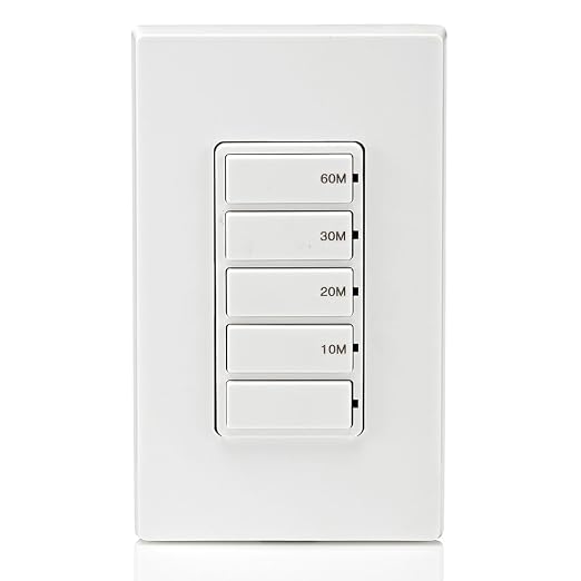 Leviton Countdown Timer Switch for bathroom fan and household lights, 10-20-30-60 min, No Neutral Required, Single Pole, 15A, 1/2HP/9.8A Fan/Motor, DT160-1LW, White