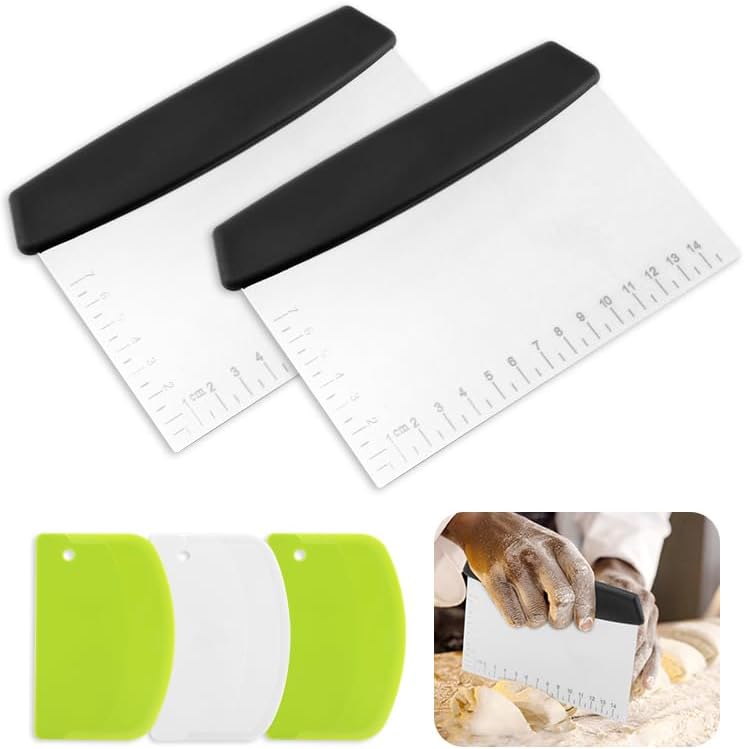 5Piece Dough Scraper Set, 2 Stainless Steel Bench Scrapers with Scale + 3 Plastic Bowl Scrapers, Non-Slip Handle, for Baking Pizza Bread Cake