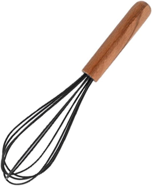 1pcs Black Silicone Balloon Whisk,Heat Resistant Non Scratch Coated Kitchen Whisk with Wooden Handle for Blending Whisking Beating Stirring Cooking Backing