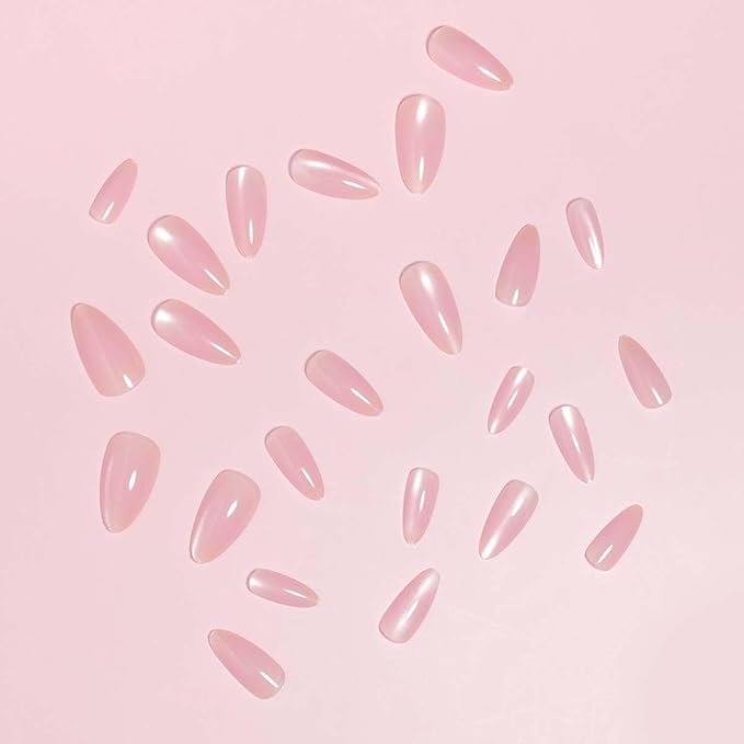 24Pcs French Press on Nails Short Almond ZWENJIE Cat Eye Fake Nails Press ons Nail Tips Stick on Nails Acrylic Nails Kit False Nails with Light Pink Blush Design Nail Art for Women Glitter Manicure