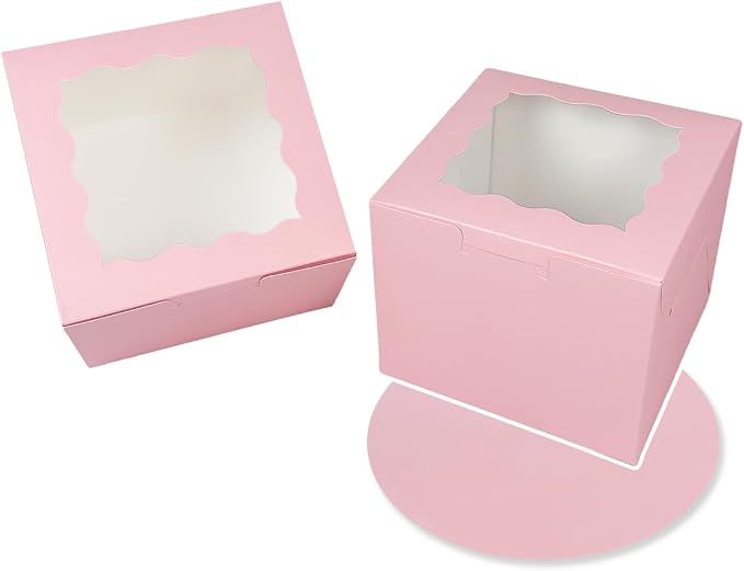 Bakepacker 36pcs 6x6x5 Inches Cake Boxes with Window 18-Packs Pink 6 Inch Bakery Boxes (18 Cake Boxes +18 Cake Boards Included)