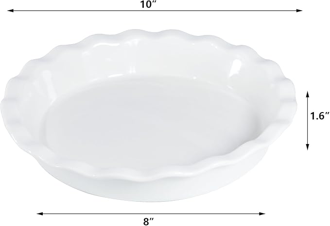White Deep Dish Pie Pan for Baking-10 Inch Ceramic Fluted Pie Dish for Apple, Quiche, Pecan, Pot Pies, 53Ounce Round Pie Plate