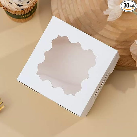 JIYIXhylera 30Pcs (6x6x3 in) Mini Cake Boxes with Display Window for Gift Giving, Bakesale, Cupcakes, Dessert, Cookies, Pie, Macaroons, Donuts, Pastry, Kraft Paper Material… (30Pcs White)