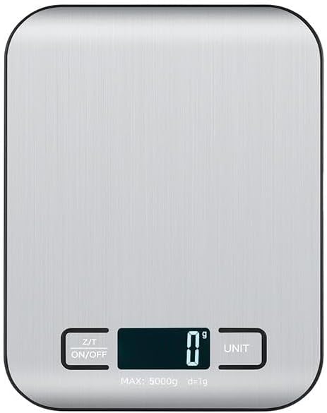 Digital Food Scale with 2 AAA Batteries Trnr-FDSCLE-SLV, Food Scale for Kitchen, Cooking Scale with Zero Tare Option, Kitchen Scale Weighs up to 11 Pounds, Measures in KG, G, LB, OZ, and ML